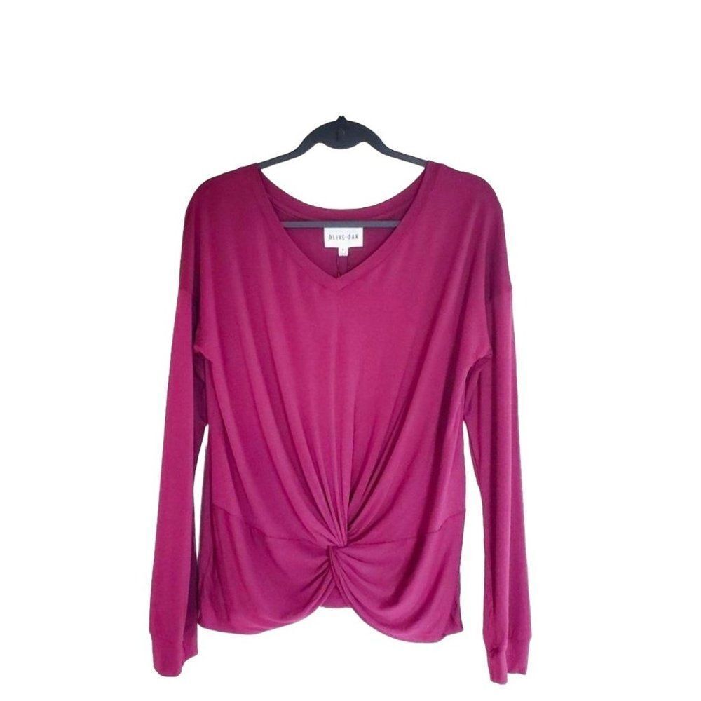 Olive & Oak Womens Top Red M V-Neck Front Knot Shirt Long Sleeve New